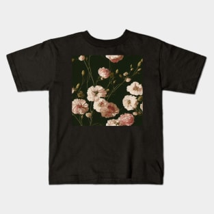 Vintage Ivory Pink flowers on Black Background Kids T-Shirt